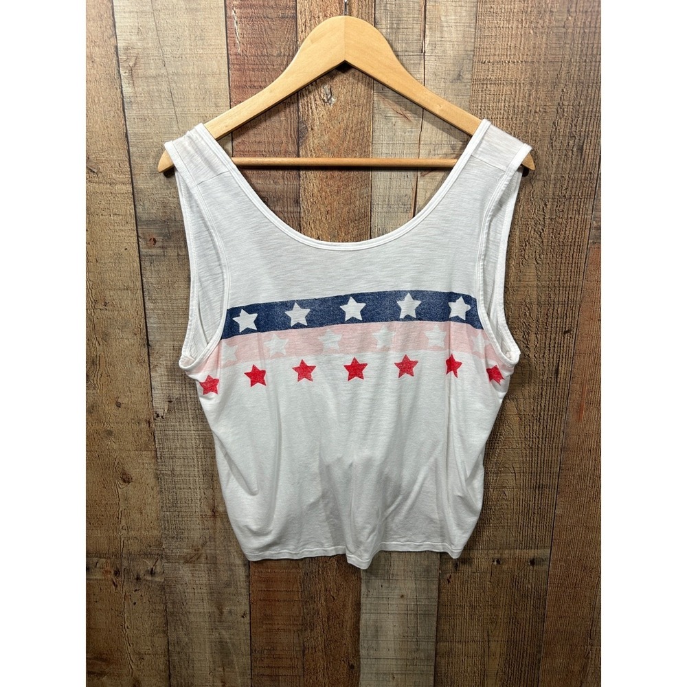 Aerie Womens XL Patriotic Star Print Tie Back Tank Top White Red Blue Slub Knit
